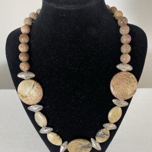 African Jasper necklace by Naga By Nevara — African jasper discs and beads with sterling silver fan beads, 64cm.