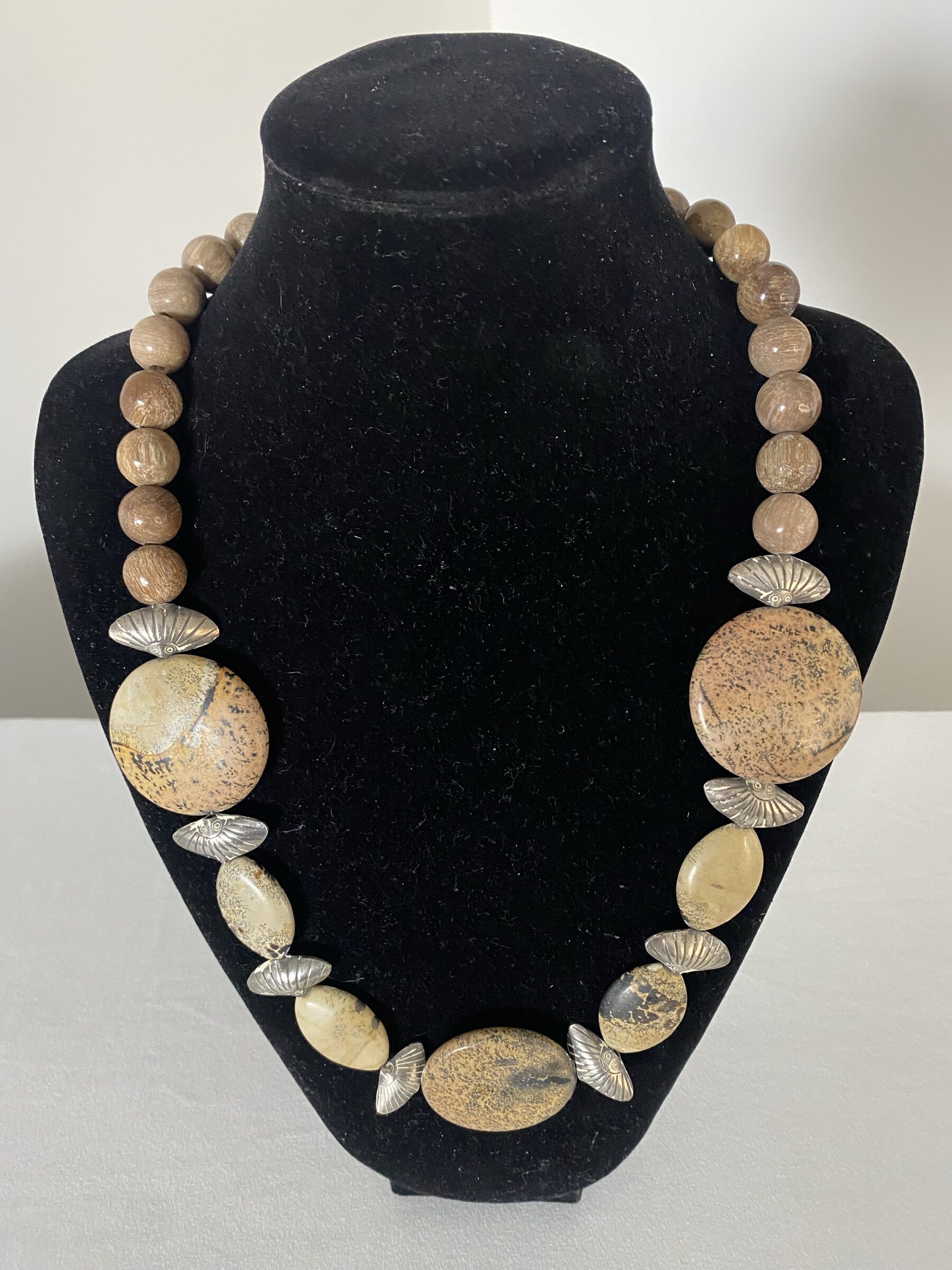 African Jasper necklace by Naga By Nevara — African jasper discs and beads with sterling silver fan beads, 64cm.