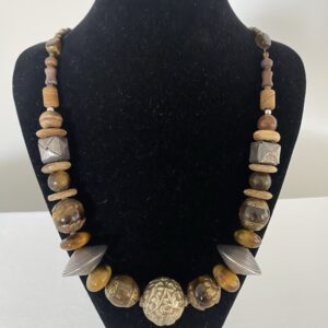 African Tiger Eye necklace by Naga By Nevara — tiger eye beads with sterling silver, bone, origami silver and coconut wood, 69cm.