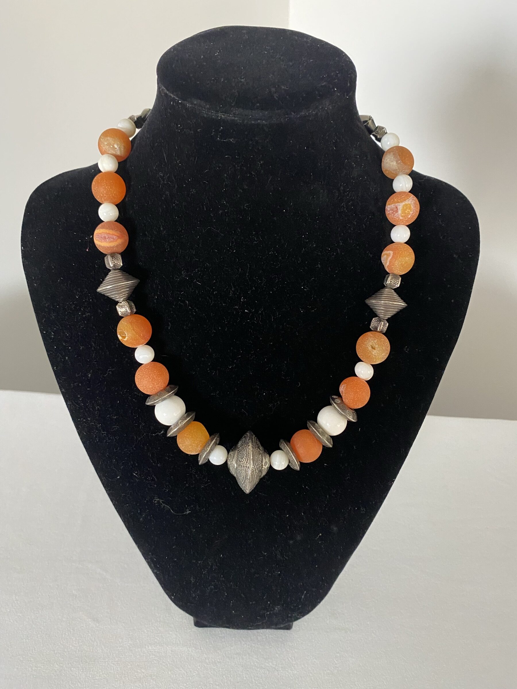 Antique Silver Beads necklace by Naga By Nevara — antique silver with milky quartz and tangerine quartz, 50cm.