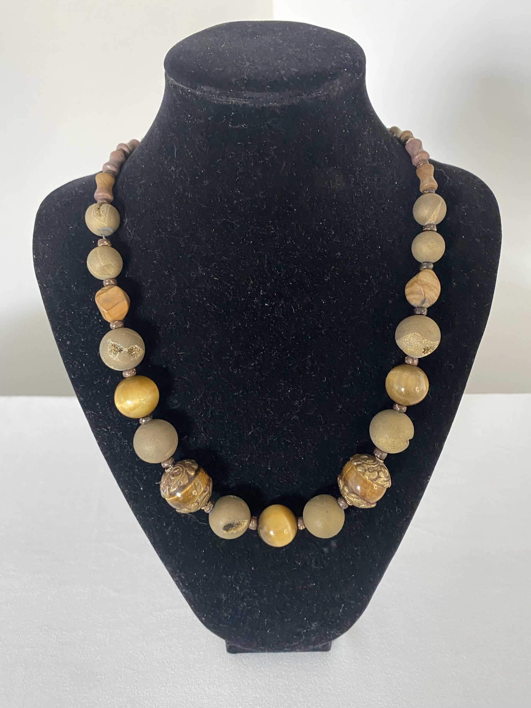 Antique Tiger Eye necklace by Naga By Nevara — antique tiger eye beads with amethyst quartz, 57cm.