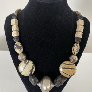 Black Agate necklace by Naga By Nevara — African jasper, smokey quartz, box coral and a large silver bead, 64cm.