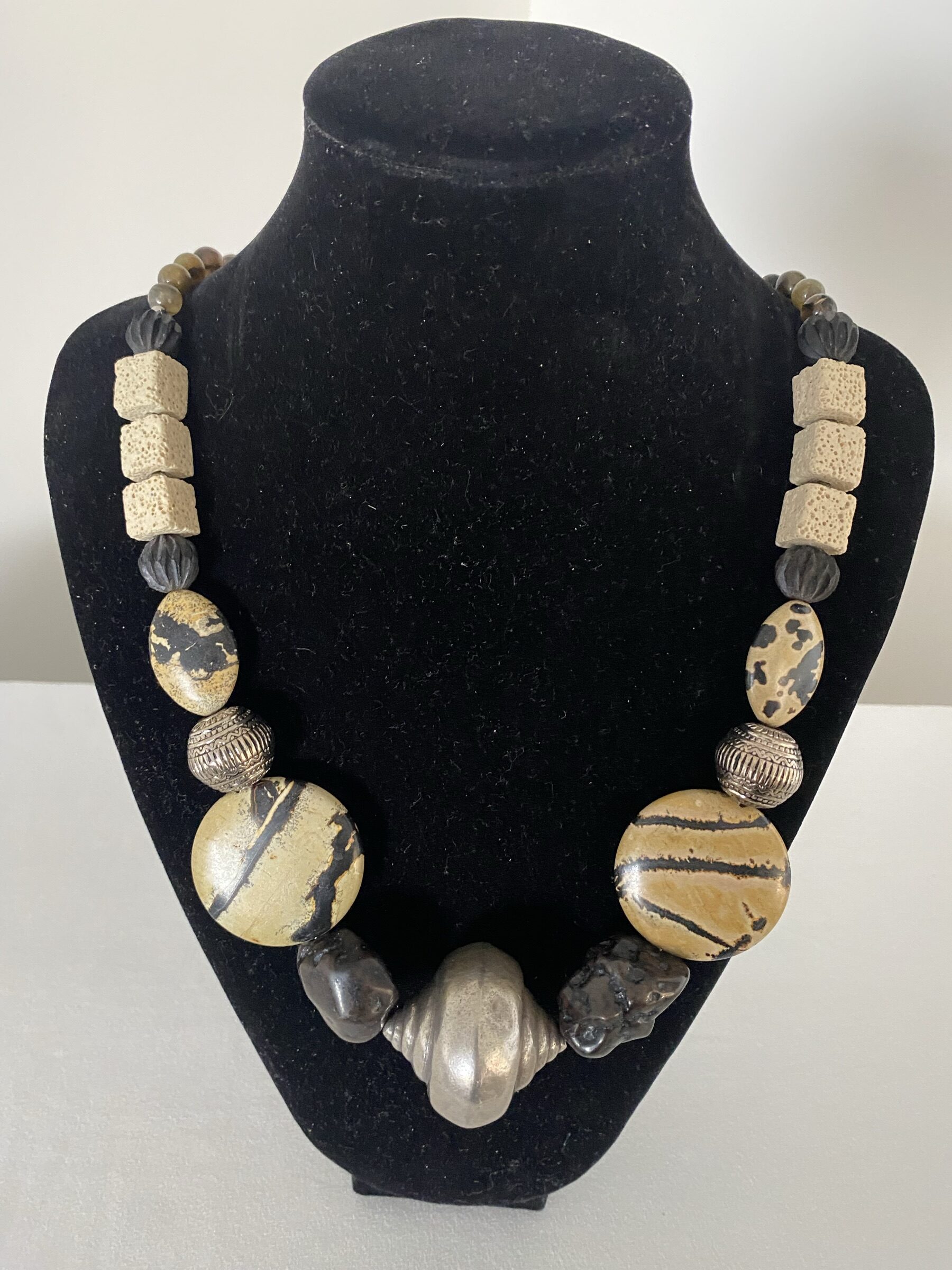 Black Agate necklace by Naga By Nevara — African jasper, smokey quartz, box coral and a large silver bead, 64cm.