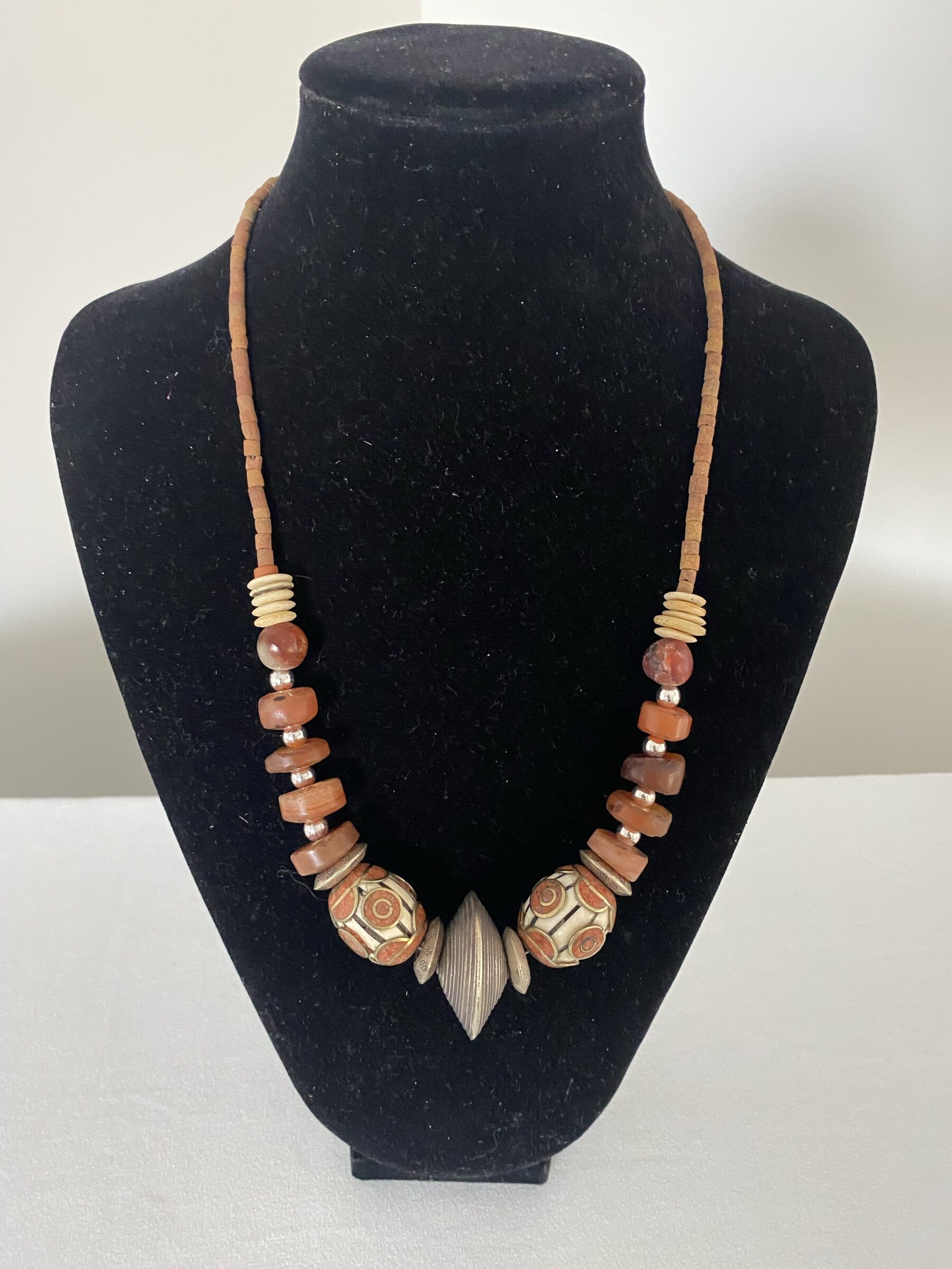 Cloisonne Beads necklace by Naga By Nevara — two cloisonne beads with sterling silver and cornelian agate, 56cm.
