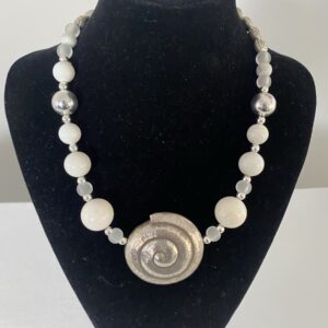 Nautilus Shell necklace by Naga By Nevara — sterling silver nautilus shell with beach glass, polished white coral beads and silver, 50cm.