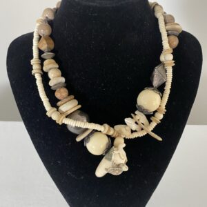Netsuke with Turtle necklace by Naga By Nevara — white coral, niihau shells, origami silver, river stone and mother of pearl, 45cm.